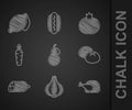 Set Pear, Garlic, Roasted turkey or chicken, Bread loaf, Salami sausage, Carrot, Tomato and Lemon icon. Vector