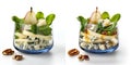 Set of pear salads made from pear slices, microgreens green salad leaves or arugula, pieces of blue cheese, walnuts and honey