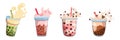 Set Of Pearl Milk Tea Burst, Boba Yummy Beverages In Glass Or Plastic Cups Graphic Design Collection. Bubble Tea, Coffee