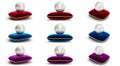 Set of pearl on red, blue and violet velvet pillow. Group gems, women`s jewelry, nacre beads. For your banner, poster