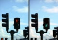 Set of pedestrian light lights with walk and go lights Royalty Free Stock Photo