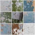 Set of peeling paint textures. Old concrete walls with cracked flaking paint Royalty Free Stock Photo