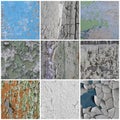 Set of peeling paint textures. Old concrete walls with cracked flaking paint.