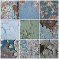 Set of peeling paint textures. Old concrete walls with cracked flaking paint. Royalty Free Stock Photo