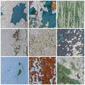 Set of peeling paint textures. Old concrete walls with cracked flaking paint Royalty Free Stock Photo