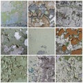 Set of peeling paint textures. Old concrete walls with cracked flaking paint. Royalty Free Stock Photo