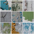 Set of peeling paint textures. Old concrete walls with cracked flaking paint. Royalty Free Stock Photo