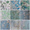 Set of peeling paint textures. Old concrete walls with cracked flaking paint Royalty Free Stock Photo