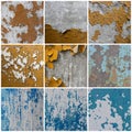 Set of peeling paint textures. Old concrete walls with cracked flaking paint. Royalty Free Stock Photo