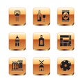 Set Peineta, Dali museum, Windmill, Orujo, Giralda, Olives can, Football ball and Wine bottle with glass icon. Vector