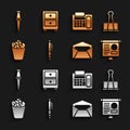 Set Pen, Binder clip, Chalkboard with diagram, Envelope, Full trash can, Telephone, Push pin and Drawer documents icon