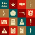 Set Pen, Feather pen, Police badge, Stacks paper money cash, Clock, Footsteps, Jurors and Pistol gun with silencer icon