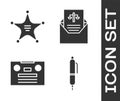 Set Pen, Hexagram sheriff, Retro audio cassette tape and Subpoena icon. Vector