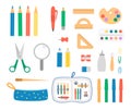 Set with pen and pencil icons. Vector colored stationery, writing materials, office, school or art supplies isolated on white Royalty Free Stock Photo