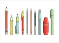 Set of pen and pencil icons. Vector colored stationery, writing materials, office or school supplies isolated on white background Royalty Free Stock Photo