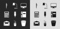Set Pen, Table lamp, Computer monitor screen, Envelope, mouse, Trash can, Calculator and Marker pen icon. Vector Royalty Free Stock Photo