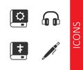 Set Pen, User manual, Holy bible book and Headphones icon. Vector Royalty Free Stock Photo