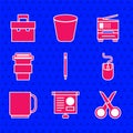 Set Pencil with eraser, Chalkboard diagram, Scissors, Computer mouse, Coffee cup, to go, Printer and Briefcase icon