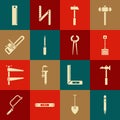 Set Pencil with eraser, Claw hammer, Snow shovel, Hammer, Screwdriver, Chainsaw, Ruler and Pincers and pliers icon Royalty Free Stock Photo