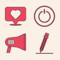 Set Pencil with eraser, Like and heart, Power button and Megaphone icon. Vector Royalty Free Stock Photo