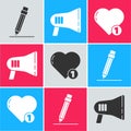 Set Pencil with eraser, Megaphone and Like and heart icon. Vector