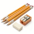 Set of pencil with eraser and sharpener isolated on white background Royalty Free Stock Photo