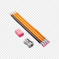 Set of pencil with eraser and sharpner on transparent background Royalty Free Stock Photo