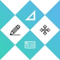 Set Pencil and line, Open book, Triangular ruler and Pixel arrows four directions icon. Vector