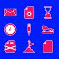 Set Pencil, Mountains with flag on top, File document, Stapler, Delete file, Clock, Old hourglass and Mail and e-mail