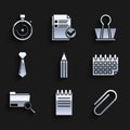 Set Pencil, Notebook, Paper clip, Calendar, Search concept with folder, Tie, Binder and Briefcase icon. Vector Royalty Free Stock Photo
