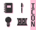 Set Pencil sharpener, Spiral notebook, Light bulb and Pen icon. Vector Royalty Free Stock Photo