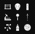 Set Pendulum, Extraterrestrial alien face, Battery, Molecule, Glass bottle with pipette, Bacteria, Microscope and