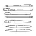 Set of pens, automatic and regular pencils, calligraphy pen. Stationery for writing and drawing. School supplies. Black and white