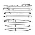 Set of pens, automatic and regular pencils, calligraphy pen. Stationery for writing and drawing. School supplies. Black and white