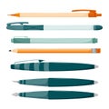 Set of pens, automatic and regular pencils, calligraphy pen. Stationery for writing and drawing. School supplies. Color vector