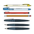 Set of pens, automatic and regular pencils, calligraphy pen. Stationery for writing and drawing. School supplies. Color vector