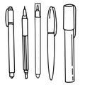 Set of pens on an isolated white background. Black hand draw outline. Back to school, office. Vector illustration