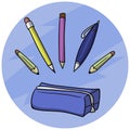 Set of pens and pencils with a blue pencil case, vector illustration in cartoon Royalty Free Stock Photo