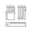 Set of pens, pencils, ruler and marker in holder vector