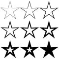 Set pentagonal stars with different stroke thickness, vector logo icon thin and thick star, symbol of radiance, new