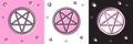 Set Pentagram in a circle icon isolated on pink and white, black background. Magic occult star symbol. Vector