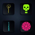 Set Pentagram in a circle, Magic staff, Magic wand and Skull. Black square button. Vector