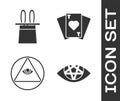 Set Pentagram, Magician hat and rabbit ears, Masons and Playing cards icon. Vector