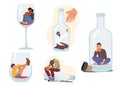 Set of People with Alcohol Addiction. Concept with Male and Female Characters Sitting on Wineglass or Bottle Bottom