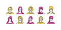 Set of People Avatars with Minimal Cartoon Style and Various Expressions. Women Character Collection Royalty Free Stock Photo