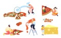 Set of People Baking and Eating Huge Pizza. Male and Female Characters Cut with Knife, Put Ketchup and Cheese