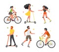 Set of people on bicycle, rollers and scooter. Having fun Royalty Free Stock Photo