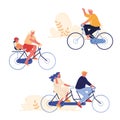 Set of People Biking Sport and Leisure Activity Set. Man and Woman Riding Tandem Bicycle, Cyclist Riding Bike Royalty Free Stock Photo