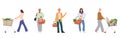 Set of people cartoon buyer characters holding shopping basket with grocery product purchases