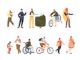 Set of people cartoon : adult and kids. on bicycle, pedestrians, on wheelchair, workers in uniform